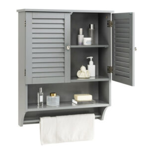 2-Doors Bathroom Wall-Mounted Medicine Cabinet with Towel Bar-Gray - Color: Gray