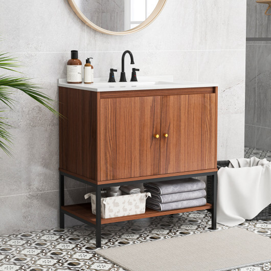 31 Inch Bathroom Vanity Sink Combo with Doors and Open Shelf-Walnut - Color: Walnut - Image 3