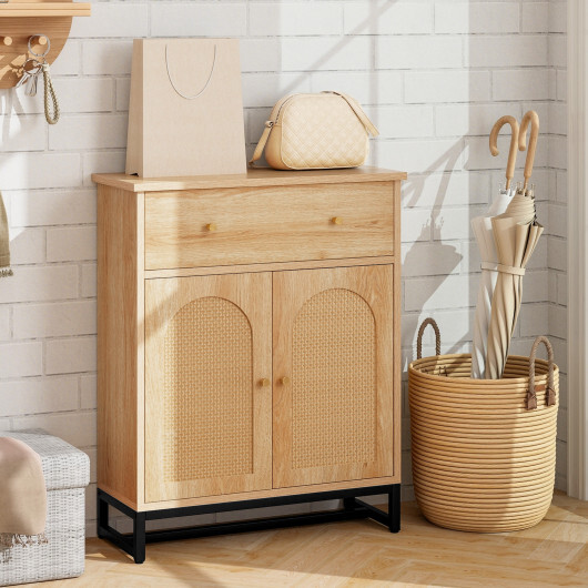 Accent Floor Storage Cabinet with Rattan Doors and Drawer-Natural - Color: Natural - Image 2