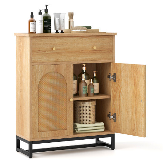 Accent Floor Storage Cabinet with Rattan Doors and Drawer-Natural - Color: Natural - Image 4