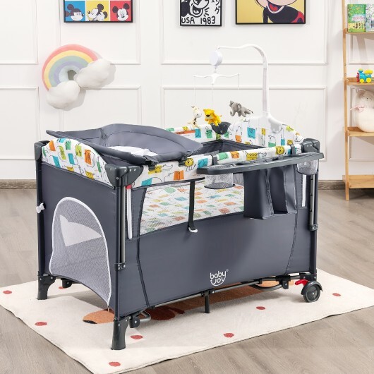 5-in-1 Baby Nursery Center Foldable Toddler Bedside Crib with Music Box-Gray - Color: Gray - Image 2