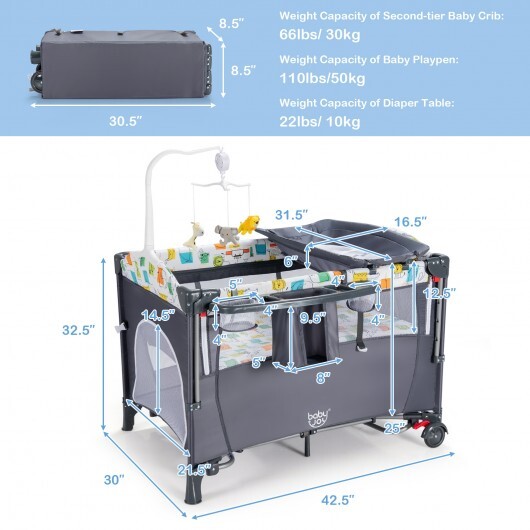 5-in-1 Baby Nursery Center Foldable Toddler Bedside Crib with Music Box-Gray - Color: Gray - Image 4