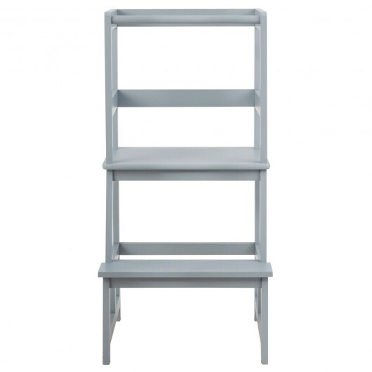 Kids Wooden Kitchen Step Stool with Safety Rail-Gray - Color: Gray - Image 2