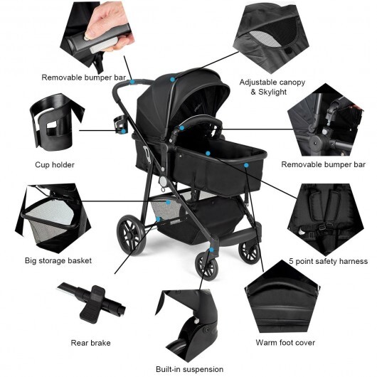 2-in-1 Foldable Pushchair Newborn Infant Baby Stroller-Black - Color: Black - Image 5