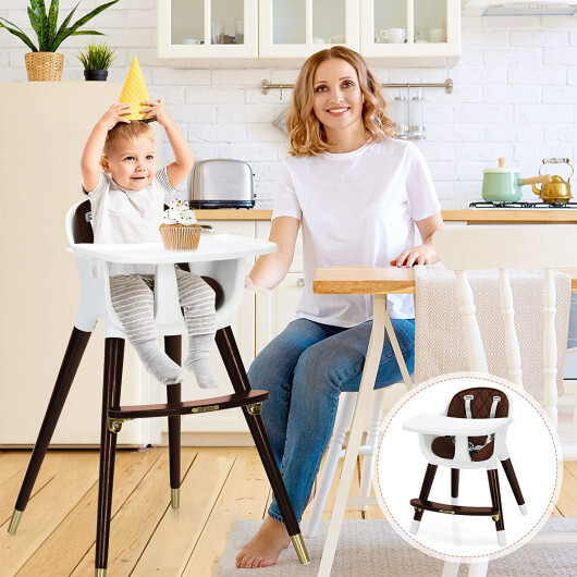 3-In-1 Adjustable Baby High Chair with Soft Seat Cushion for Toddlers-Brown - Color: Brown - Image 3