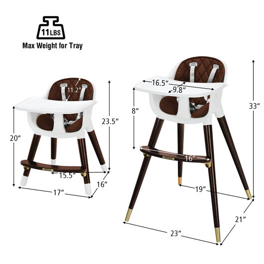 3-In-1 Adjustable Baby High Chair with Soft Seat Cushion for Toddlers-Brown - Color: Brown - Image 4
