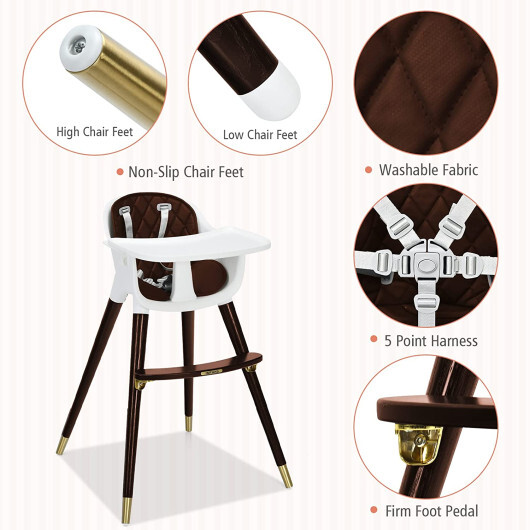 3-In-1 Adjustable Baby High Chair with Soft Seat Cushion for Toddlers-Brown - Color: Brown - Image 5