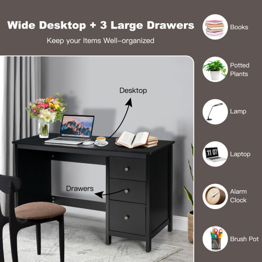 3-Drawer Home Office Study Computer Desk with Spacious Desktop-Black - Color: Black - Image 5