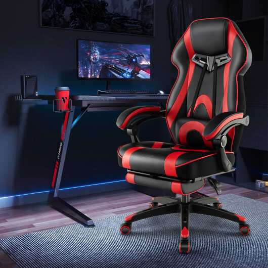 Gaming Chair Racing Style Swivel Chair with Footrest and Adjustable Lumbar Pillow-Red - Color: Red - Image 2