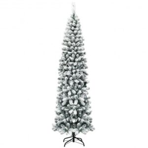 7.5 Feet Unlit Hinged Snow Flocked Artificial Pencil Christmas Tree with 641 Tips - Color: Green - Size: 7.5 ft