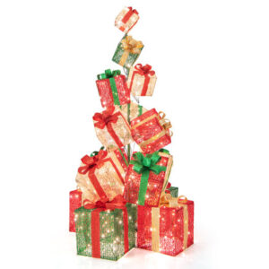 15 Stacked Lighted Christmas Gift Box Tower with 450 Warm White Lights - Color: Multicolor