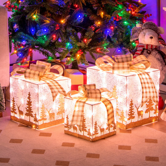 Set of 3 Lighted Christmas Gift Box with 100 Warm White Lights - Color: Multicolor - Image 2