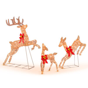 3 Pieces Lighted Christmas Reindeer Family Set with 255 Lights - Color: Golden