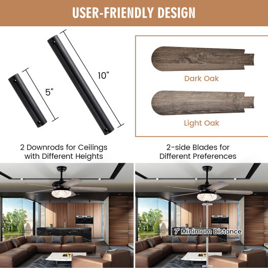 52 Inches Ceiling Fan with Remote Control-Oak - Color: Oak - Image 3