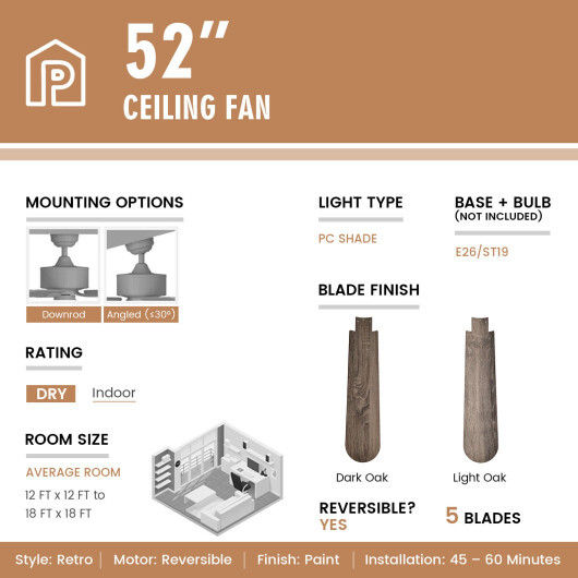 52 Inches Ceiling Fan with Remote Control-Oak - Color: Oak - Image 5