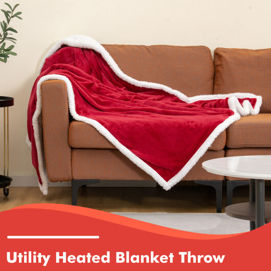 Electric Heated Blanket Throw Reversible Flannel and Sherpa Blanket-Red - Color: Red - Image 3