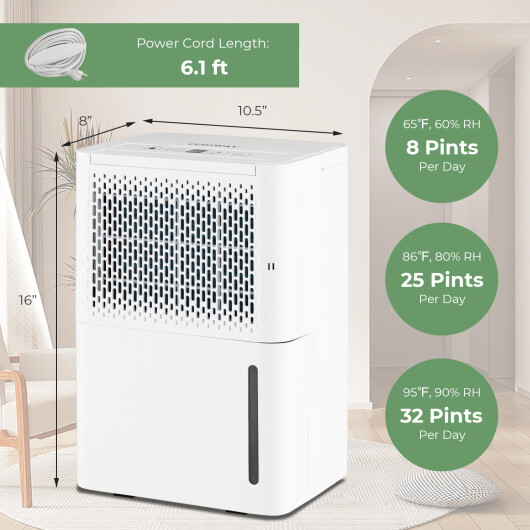 2000 Sq. Ft 32 Pint Dehumidifier with Continuous/Drying/Auto Mode-White - Color: White - Image 3