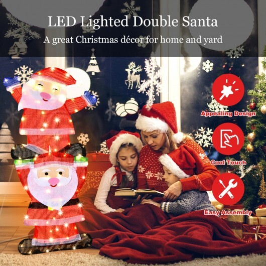 LED Double Santa Yard Christmas Decoration with String Lights and Stakes - Color: Red - Image 3