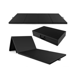 4-Panel PU Leather Folding Exercise Mat with Carrying Handles-Black - Color: Black