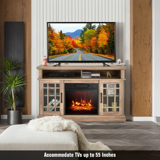 48 Inch Electric Fireplace TV Stand with Cabinets for TVs Up to 55 Inch-Natural - Color: Natural - Size: 48 inches - Image 2
