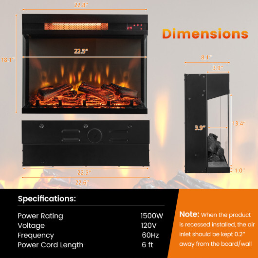23-inch 3-Sided Electric Fireplace Insert with Remote Control-Black - Color: Black - Image 5