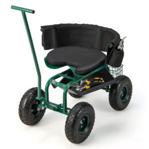 Rolling Garden Cart with Height Adjustable Swivel Seat and Storage Basket-Green - Color: Green