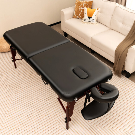 Folding Massage Table with Height-adjustable Beech Wood Frame-Black - Color: Black - Image 2