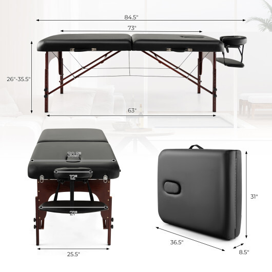 Folding Massage Table with Height-adjustable Beech Wood Frame-Black - Color: Black - Image 4