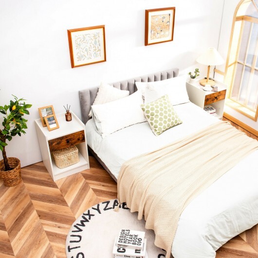 Set of 2 Nightstand with Drawer Cabinet End Side Table Raised Top-White - Color: White - Image 2