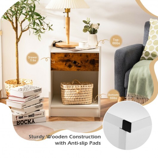 Set of 2 Nightstand with Drawer Cabinet End Side Table Raised Top-White - Color: White - Image 3
