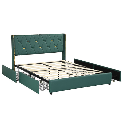 Full/Queen Size Upholstered Bed Frame with 4 Drawers-Green-Full Size - Color: Green - Size: Full Size