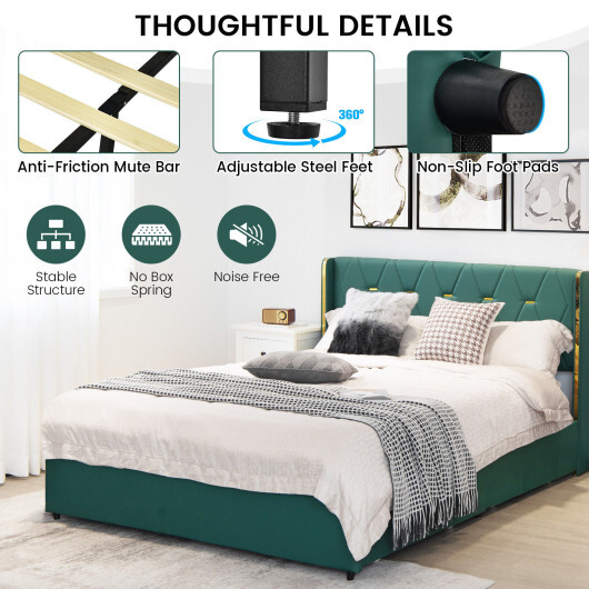 Full/Queen Size Upholstered Bed Frame with 4 Drawers-Green-Full Size - Color: Green - Size: Full Size - Image 3