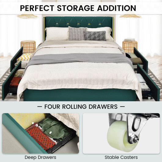 Full/Queen Size Upholstered Bed Frame with 4 Drawers-Green-Full Size - Color: Green - Size: Full Size - Image 5