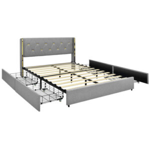 Full/Queen Size Upholstered Bed Frame with 4 Drawers-Silver-Full Size - Color: Silver - Size: Full Size