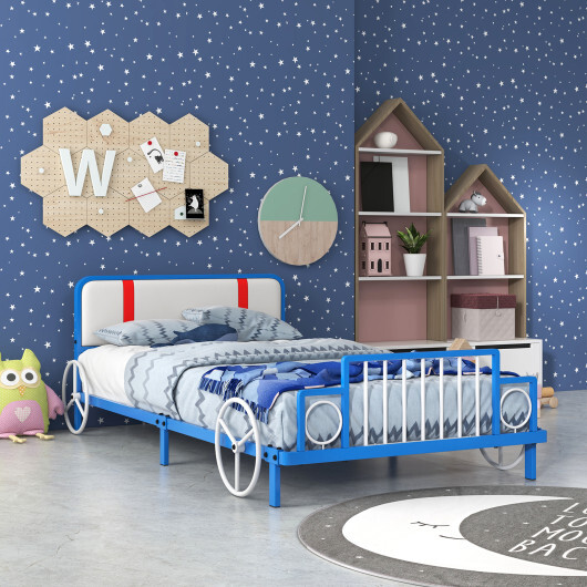 Twin Size Kids Bed Frame Car Shaped Metal Platform Bed with Upholstered Headboard - Color: Blue - Image 2