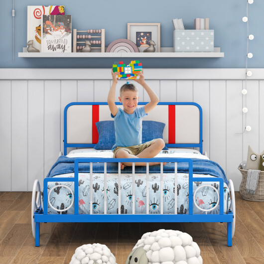 Twin Size Kids Bed Frame Car Shaped Metal Platform Bed with Upholstered Headboard - Color: Blue - Image 3