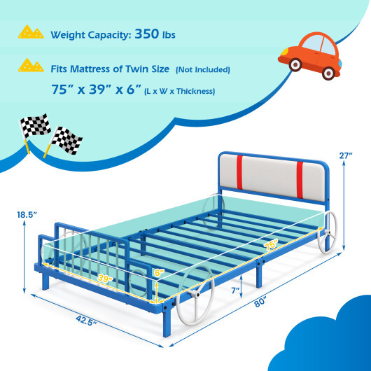 Twin Size Kids Bed Frame Car Shaped Metal Platform Bed with Upholstered Headboard - Color: Blue - Image 4