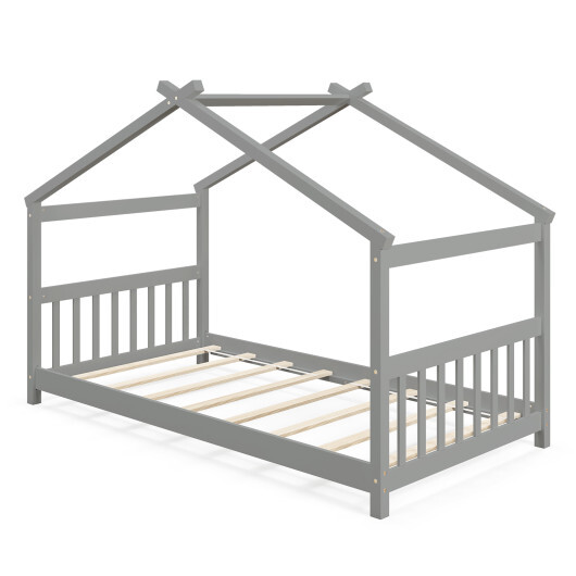 Twin Size Wooden House Bed with Roof-Gray - Color: Gray