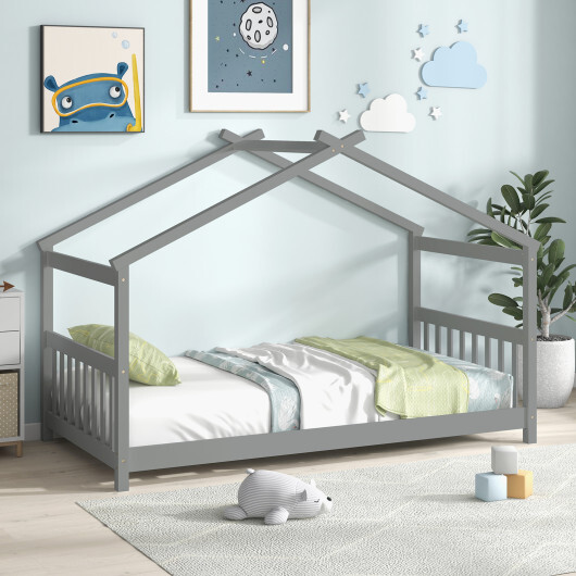 Twin Size Wooden House Bed with Roof-Gray - Color: Gray - Image 2