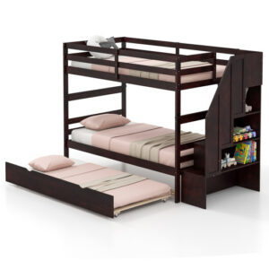 Home Wood Bunk Bed with Guard Rail and 4-step Storage Stairs No Box Spring Needed-Brown - Color: Brown