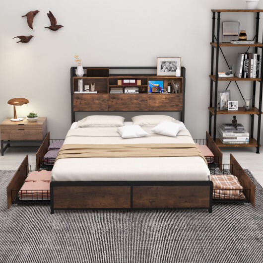 Full/Queen Size Bed Frame with Bookcase Headboard and 4 Storage Drawers-Queen Size - Color: Rustic Brown - Size: Queen Size - Image 2
