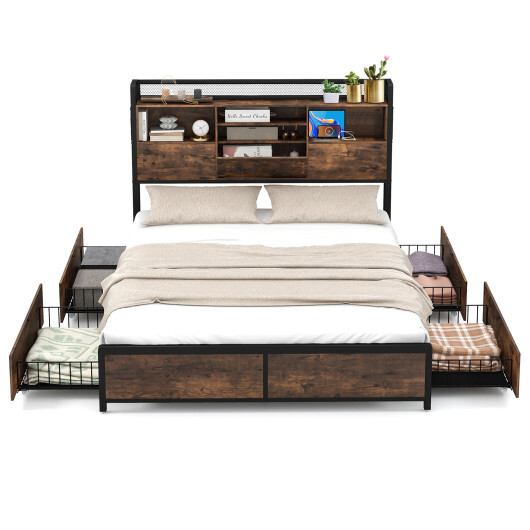 Full/Queen Size Bed Frame with Bookcase Headboard and 4 Storage Drawers-Queen Size - Color: Rustic Brown - Size: Queen Size - Image 4