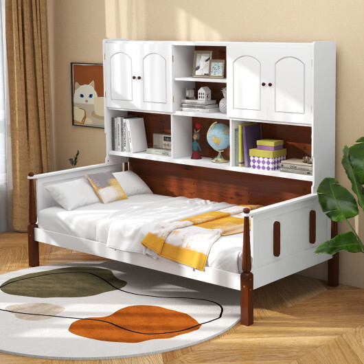 Twin Bed with Bookcase with Shelves and Wooden Slat Support No Box Spring Needed for Living Room Bedroom-White - Color: White - Image 2