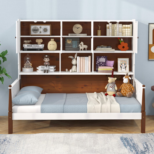 Twin Bed with Bookcase with Shelves and Wooden Slat Support No Box Spring Needed for Living Room Bedroom-White - Color: White - Image 3