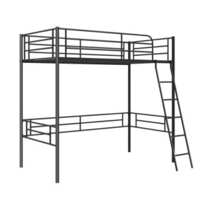 Twin Metal Loft Bed Frame with Ladder and Metal Slats Support-Black - Color: Black