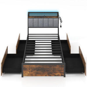 Twin/Full/Queen Bed Frame with LED Lights Upholstered Headboard and 4 Storage Drawers-Twin size - Size: Twin Size