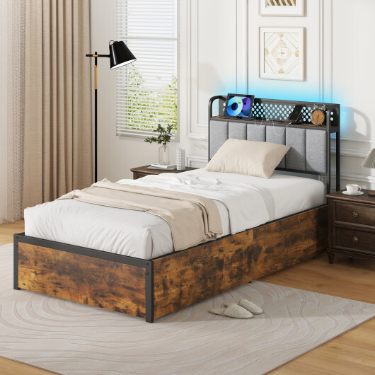 Twin/Full/Queen Bed Frame with LED Lights Upholstered Headboard and 4 Storage Drawers-Twin size - Size: Twin Size - Image 2