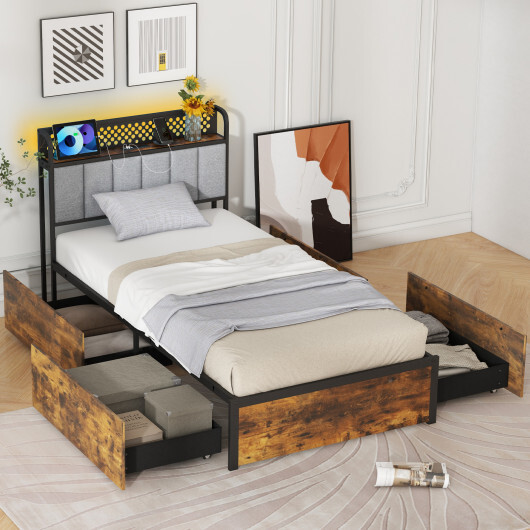Twin/Full/Queen Bed Frame with LED Lights Upholstered Headboard and 4 Storage Drawers-Twin size - Size: Twin Size - Image 3