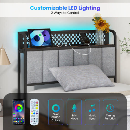 Twin/Full/Queen Bed Frame with LED Lights Upholstered Headboard and 4 Storage Drawers-Twin size - Size: Twin Size - Image 5