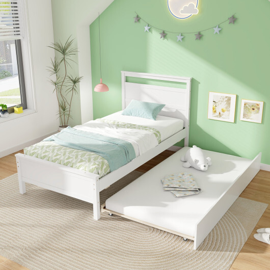 Twin Size Wooden Bed Frame with Trundle for Teens and Adults-White - Color: White - Size: Twin Size - Image 2